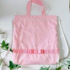 作品🌷応援❗新ご入園・ご入学・ご進級  🌸送料無料！ 🌸🌷刺繍付きドローイングバッグ🌷ピンク　Lサイズ　巾着袋