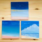 作品夏の海辺　３枚セット　アクリル絵画　海の絵　夜景　星の絵　夏の思い出　原画