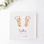 作品【赤ちゃんの小さな足型・手型の出生記念の命名書♪】ひまわりとニチニチソウを中心に夏に咲く元気な花束の足型・手型刺繍ボード🪡