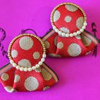 作品《レトロ畳縁 2way ピアス》 紅にアイボリー  水玉紋様の畳縁  ビーズ刺繍 2way ピアス    