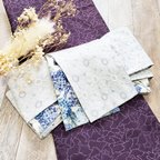 作品【半幅帯】青い紫陽花と刺繍コットンレース/青 白 紫 グレー 花柄⭐送料込み⭐
