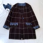 作品【とろけるコットンフランネル】1つボタンロングカーディガン長袖/手刺繍とろけるポケット/黒チェック柄【くが屋】