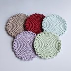作品手編み　2本どり編みのコットン　コースター　同色2枚1組の2組販売(4枚)　5色の内2色を選択　10㎝