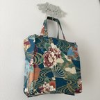 作品和柄エコバッグ、豪華扇子タイト・アンド・タイディ・トートバッグ、Gorgeous Japanese Fans Tight ‘n’ Tidy Tote Bag, Eco bag, teal, gold