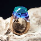 作品【一点物】美しい風景を閉じ込めたような指輪 レジンウッドリング Crystal wood ring <Northern lights>