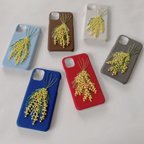 作品新色♡刺繍のふわふわミモザスワッグ iPhoneケース 