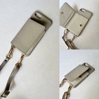 作品本革 スマホショルダー　バイカラー　ショルダー付き 背面収納カード 名前入れ レザーiphoneケース　greige+ivory