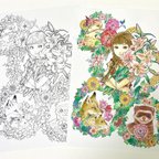 作品大人の塗り絵4枚セット　花と動物達と女の子