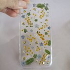 作品ミモザ・勿忘草　押し花iPhoneケース　押し花スマホケース