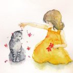 作品【原画】猫と女の子