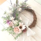 作品遅れてごめんね🙇母の日💐ラベンダーのリース(約29cm)母の日　ミモザ　玄関リース　結婚祝い　出産祝い　新築祝い　誕生日