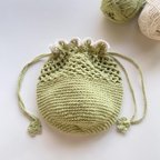 作品ポーチ　巾着　手編み　グリーン　緑　レース　ホワイト　白　メロン　母の日　ギフト