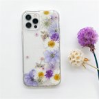 作品『紫陽花＆千鳥草＆猫柄』 スマホリング 押し花ケースiPhone15Pro/SE/Xperia10V/GALAXYS24 スマホケース  iPhoneケース