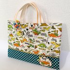 作品◆お買得品◆【入園入学】恐竜さんのかわいいレッスンバッグ☆グリーン☆おけいこ☆アップリケ☆チャーム付き☆こだわり縫製☆丈夫☆世界にひとつ☆