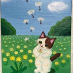 作品絵画　猫の絵　原画　夢を乗せて飛んでけ