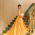 作品鬱金色 パフスリーブ 取り外し ふっくら柔らかなバックリボン 可愛い 編み上げ 結婚式 ウェディングドレス