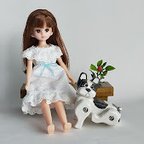 作品リカちゃん人形とコラボするフレンチブルドッグの犬フィギュアと造花付きミニチュアベンチのセット