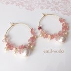 作品さくら色の春待ちピアス cherry quartz & cotton pearl