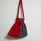作品限定１点　手編みお散歩ポーチ　赤×グレー　バッグ