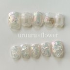 作品original design@075 ururu×flower nail   #ネイルチップ#オーダーチップ#春ネイル#成人式ネイル#オーロラネイル#クリアネイル