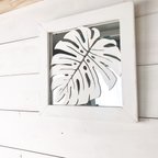作品ハワイアンウッドミラー モンステラデザインミラー 壁掛けミラー 木製の鏡 四角 スクエアタイプ 店舗ミラー 南国植物 白
