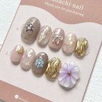 作品nail cip 結婚式　ブライダルネイル　ミラーネイル　ぷっくりフラワー　個性派　成人式　推し活　卒業式　ニュアンスネイル　ビジューネイル　春ネイル