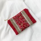 作品インド刺繍リボン＊帆布の赤色ミニポーチ