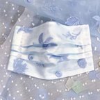 作品【受注制作】秋の新作＊under the sea⭐︎海の生き物刺繍の青いオーガンジープリーツマスク　肌側水玉模様ダブルガーゼ使用