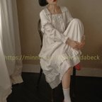 作品ホワイトフレンチスクエアカラーアンティークドレス女性の菌レースストラップハイウエスト宮殿スタイルドレスリトルホワイトスカート