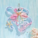 作品幸せのハートフラミンゴとウミガメのウェルカム リース マクラメ タペストリー 壁飾り