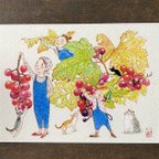 作品ポストカードサイズの小さなアート作品  『アスパラ娘収穫祭【葡萄の彩②】』