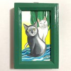 作品ミニ原画 家の壁シリーズ14【波と植物 2匹の猫のイラスト】