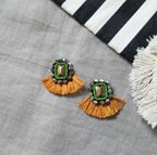 作品sale ビーズ刺繍 イヤリング フリンジ キャメル グリーン