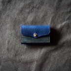 作品カードウォレット　栃（藍染）× イタリアンレザー（ブルー）