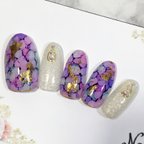 作品ニュアンスネイル☆オーダーネイルチップ🌸天然石風🌸大人可愛い☆カラフル💅華やかネイル✨ネイルチップ専用両面テープ＆ヤスリ付き！ピンク✨