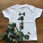 作品1歳Tシャツ【マドラスチェック黄色刺繍蝶ネクタイ】