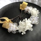 作品▪️ ヘッドドレス　ゴールド　ウェディング　ヘアアクセ　結婚式　ドライフラワー　ホワイト　花　刺繍　オーガンジーリボン　和装