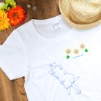 作品へそ天猫とひまわりの刺繍Tシャツ／白／半袖