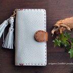 作品Tassel strap◆【iphone全機種対応】◆ミルキーホワイト◆牛革レザー手帳型iPhoneケース