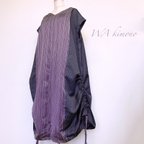 作品着物でコクーンデザインワンピース サイドギャザーロング 縞 ストライプ 紫 Ｖネック クルーネック 着物リメイク L～3L（N806）