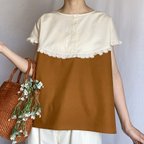 作品《 歌うあの子の Sweet Blouse♥ 》07/茶/キャメル/ベージュ/チェック/レース/フレンチスリーブブラウス