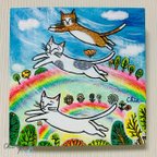 作品原画 北欧アート『空飛ぶ猫』 おしゃれ モダンアート 現代アート ねこ cat 絵画  rainbow ブルー 虹