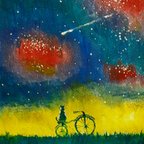 作品『星空散歩猫』猫と自転車と流星　インテリア　壁掛け　　メルヘン　絵画　原画　アクリル　水彩画　フォトフレーム　プレゼント