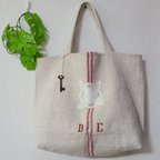 作品赤ライン DE刺繍入り グレインサック アンティークリネンバッグ  ショルダートートバッグ