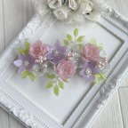 作品〈sold out〉大きめバレッタ「旅人の喜び〜early summer bouquet」〜クレマチス・トルコキキョウ・かすみ草　送料無料