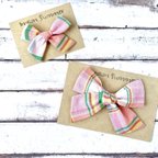 作品Pinwheel bow♡Indian Madras Check♡Pink×Green