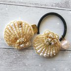 作品shellヘアゴム/ビーズ刺繍/シェル/ヘアピン/ヘアクリップ/貝/親子/おそろい/ママ/ヘアアクセサリー/マーメイド/スター/可愛い/デート/おしゃれ/結婚式/海/Sea/キラキラ/夏