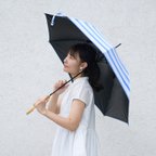 作品ﾓﾘﾉｶﾞｯｺｳ 限定発売 晴雨兼用 長傘 (手書きイラスト ブルーストライプ) UVカット 日傘 雨傘
