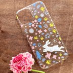 作品スマホケース 全機種対応 クリアハードスマホケース うさぎ パステルカラー 花 iPhone Android 透明