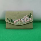 作品蛇腹カードケース☆刺繍シリ①オリーブグリーン